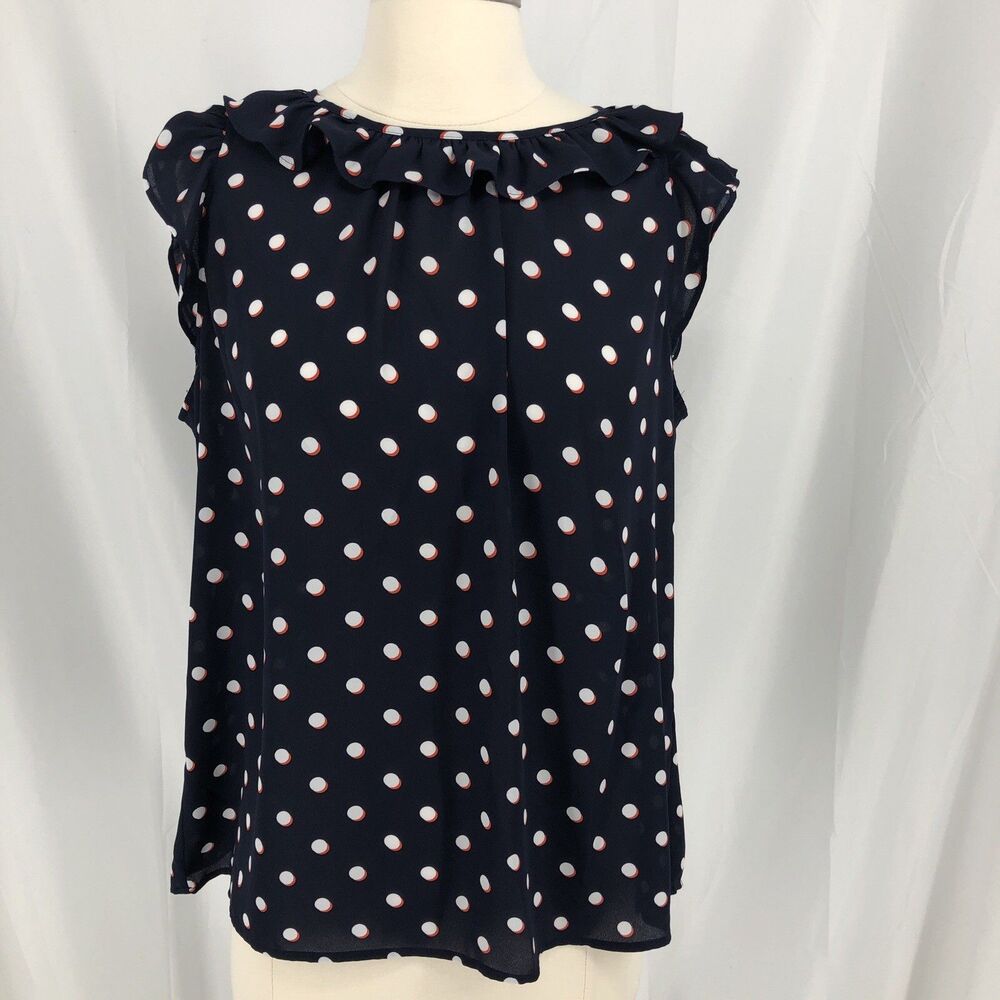 TOMMY HILFIGER SLEEVELESS POLKA DOT SCOOP NECK RUFFLE BLOUSE LARGE